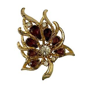 Vintage Gold Tone Leaf Brooch with Rhinestones 2" Pin Purple Clear Fashion